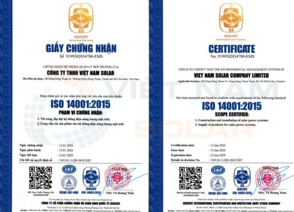 Bảng Giá Chi Phí Lắp Điện Năng Lượng Mặt Trời 2026 87 Chứng nhận ISO 14001:2015 - Việt Nam Solar
