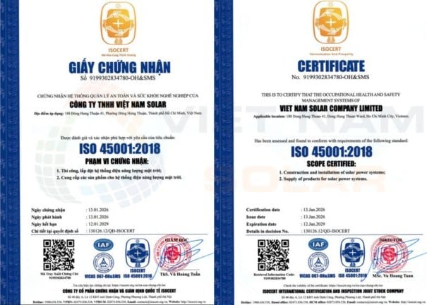 Bảng Giá Chi Phí Lắp Điện Năng Lượng Mặt Trời 2026 86 Chứng nhận ISO 45001:2018 - Việt Nam Solar