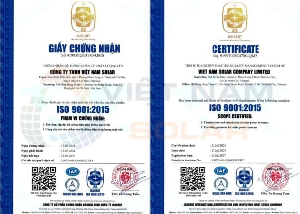 Bảng Giá Chi Phí Lắp Điện Năng Lượng Mặt Trời 2026 85 Chứng nhận ISO 9001:2015 - Việt Nam Solar